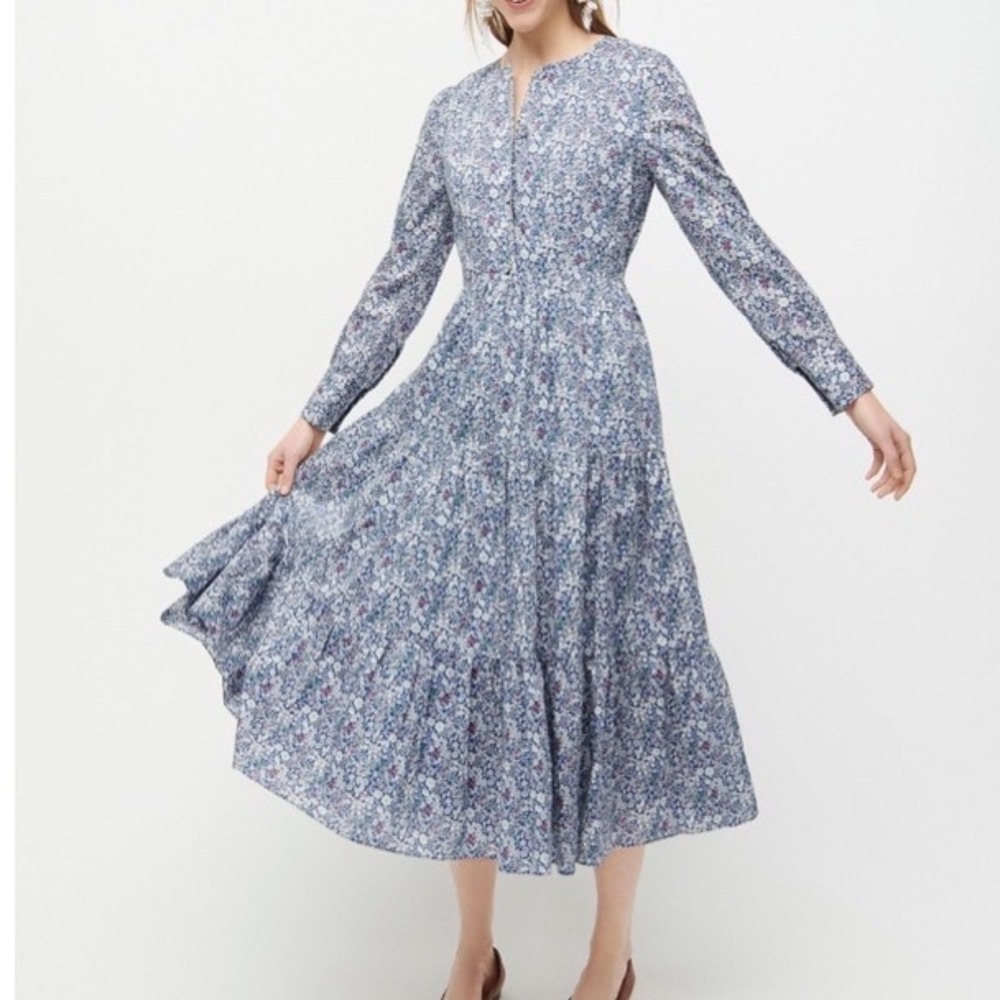 J.Crew Liberty Fabric Blue Floral Tiered Cotton Midi Dress Long Sleeve Size 2 m3